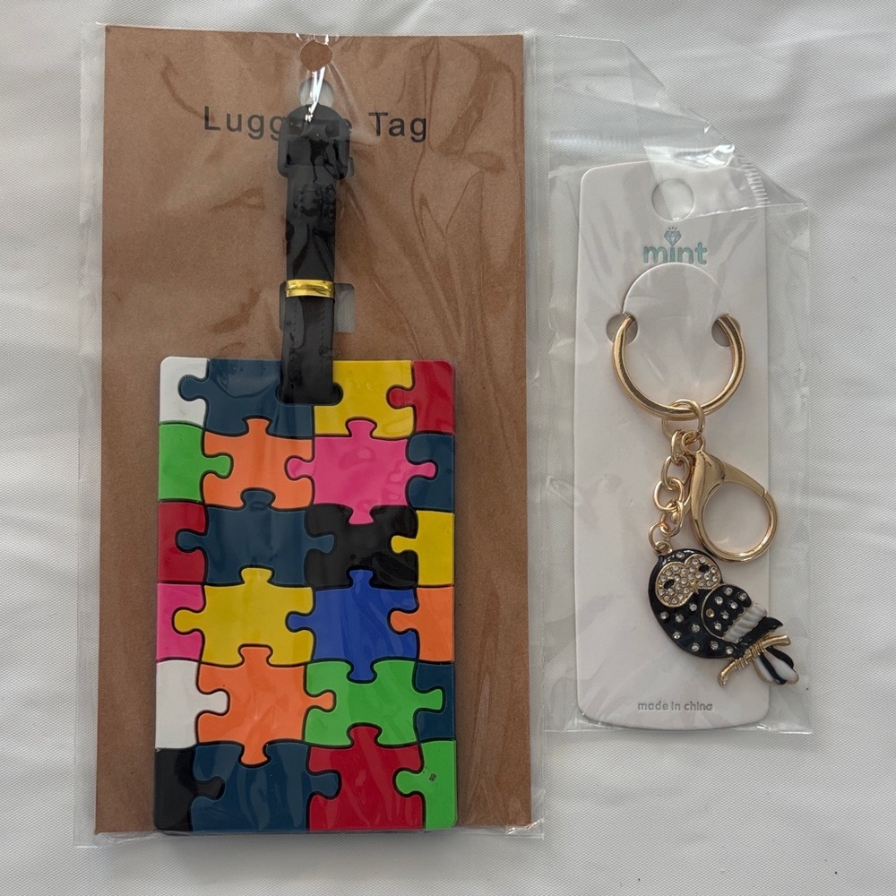 Mint Multicolor Puzzle Luggage Tag and Owl Keychain/Bag Charm Set